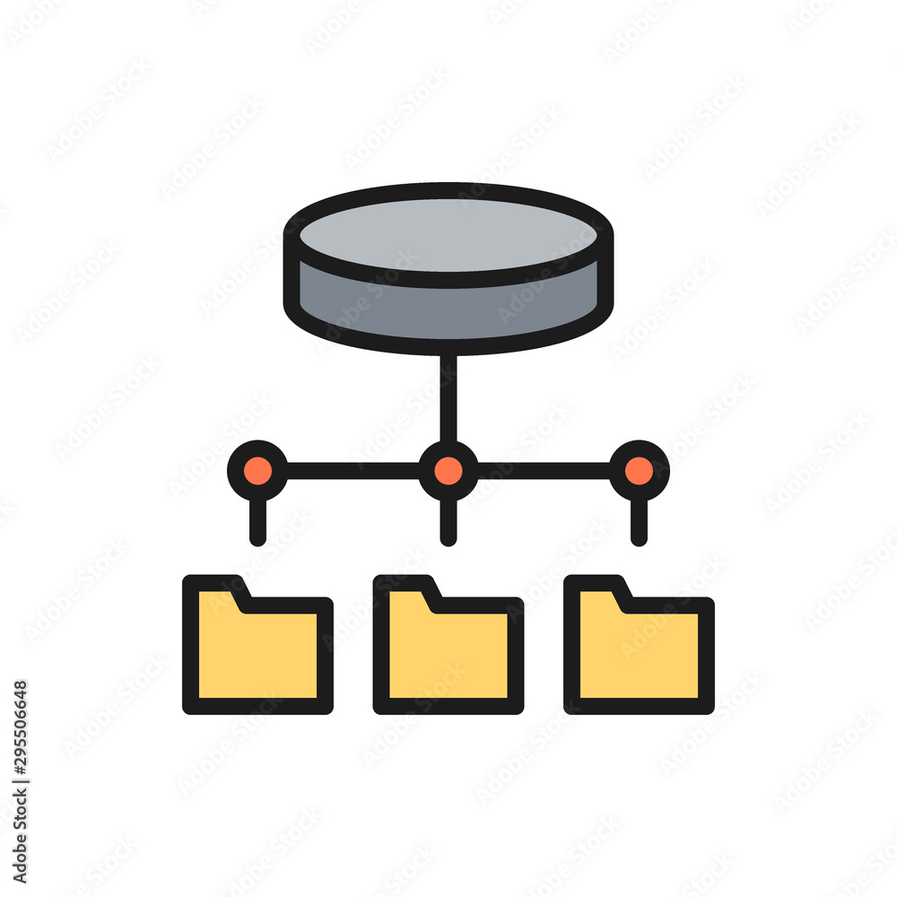 Poster folder hosting, ftp server, software update, data storage flat color line icon.