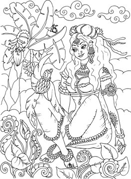 Kerala mural style beautiful woman goddess coloring book page for adults, black and white outline