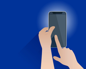 Abstract mobile phone in the two hands. Index finger on the phone screen. Advertising background.