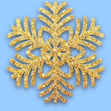 Golden luster textured six-rayed snowflake with a shadow on blue background. Christmas and for 2020 New Year design. Snow flake Shining particles decor for greeting card, poster or invitation