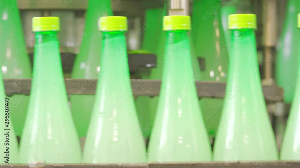 Poster plastic bottles factory working inline production, automated