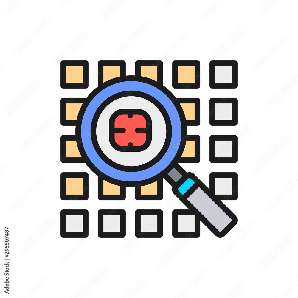 Poster computer virus search, security system flat color line icon.