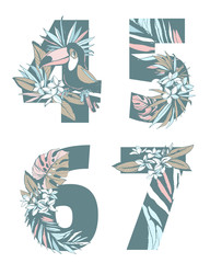 Decorative set tropical pattern numbers figures hand drawn floral ornament.