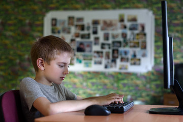 Schoolboy sitting at a PC. Home education