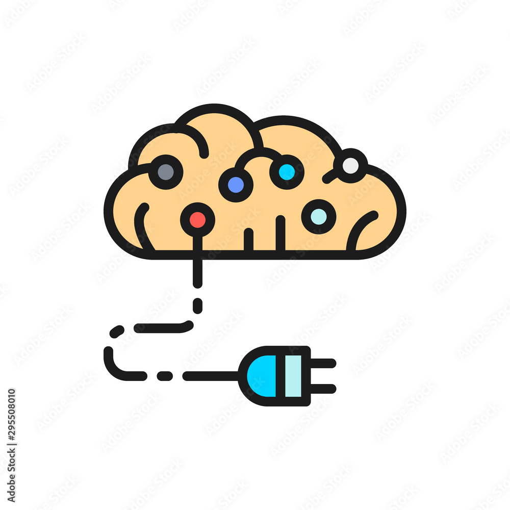Aufkleber connected brain to circuit board, artificial intelligence flat color line icon.