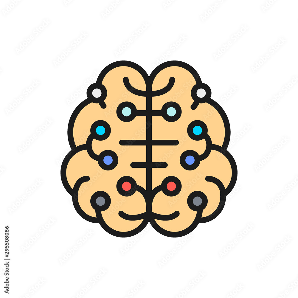 Poster artificial intelligence brain, connected to circuit board flat color line icon.