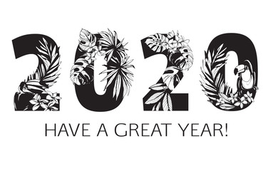 Happy New Year tropical pattern 2020 figures hand drawn floral ornament.