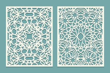 Die and laser cut ornamental panels with Islamic ornament with stars. Laser cutting decorative lace borders patterns. Set of Wedding Invitation or greeting card templates.