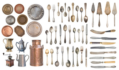 Vintage Silverware, antique spoons, forks, knives, ladle, cake shovels, kettle, tray and ice bucket...