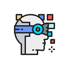 Robot, artificial intelligence, virtual reality helmet flat color line icon.