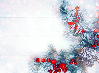 winter background with fir branches cones and snow