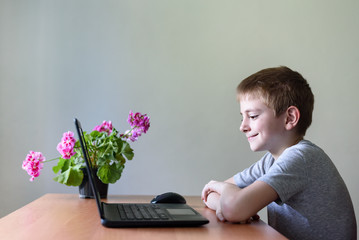 Smiling schoolboy sitting at a laptop. Home education