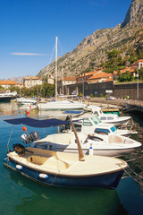 Fototapeta na wymiar Beautiful Mediterranean landscape. Montenegro, Adriatic Sea. View of Boka Kotorska Bay and Old Town of Kotor on sunny autumn day