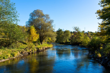 Scenic view of  Olt river at autumn in Transylvania, Romania