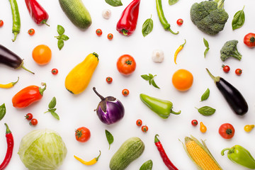 Vegetables background with paprika, tomatoes, eggplants and others