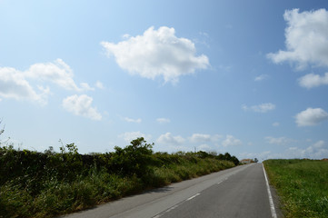 草原の横に伸びる直線の一本道