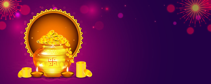 Social media Header golden kalash full of gold coins(laxami) and diya on  purple bokeh and mandala background for Shubh Dhanteras festival. Stock  Vector | Adobe Stock