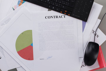 Office clerk workplace. Signed contract promises a good deal. Office concept.