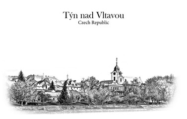 Tyn nad Vltavou, Czech Republic - Vintage travel sketch.
