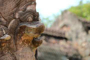 Naga or big snake is Khmer art make form sand stone crave for decorate ancient architecture Phanom-rung stone castle in Buri-ram provinc Thailand about 1,500 years ago.