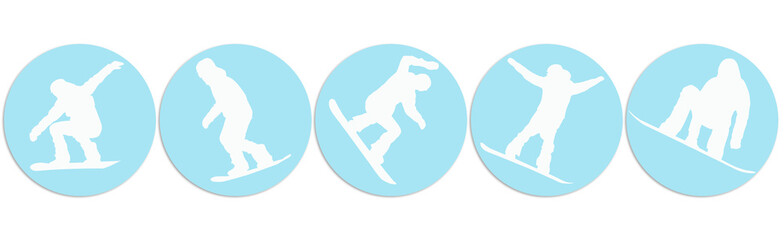 White silhouettes of snowboarders in blue circles. Snowboarding-a winter sport