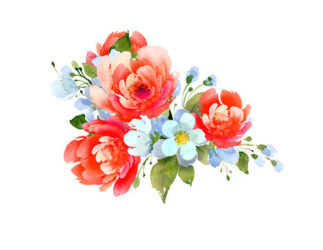 Delicate bouquet with peonies and small white flowers. Watercolor illustration, handmade.