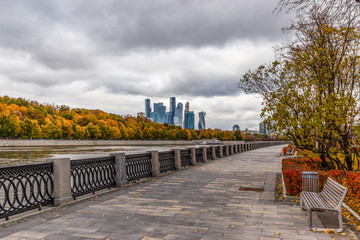 View at Moscow city from banks of the Moscow river. Russia.