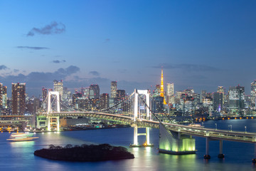 Twillight view of Tokyo Bay , Rainbow bridge and Tokyo Tower landmark