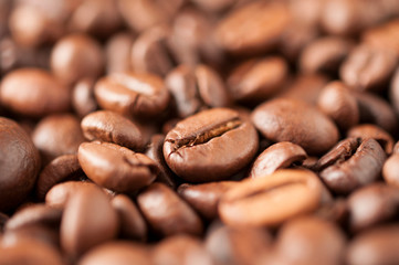 Fresh roasted coffee beans surrounded by some blurred coffee beans
