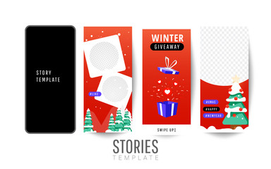 Giveaway winter banner or poster template design with gift boxes, christmas trees for social media post or website banner.