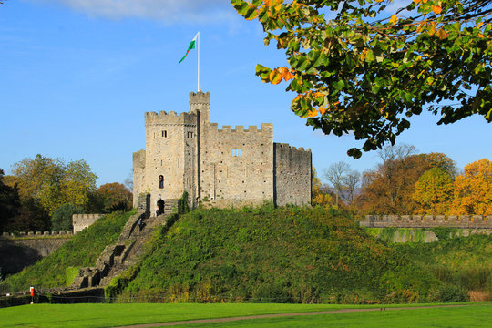 Cardiff Castle exterior in the center of Cardiff in the autumn sunshine