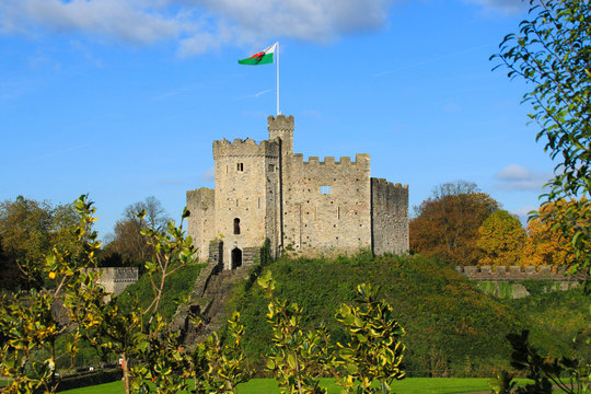 Cardiff Castle exterior in the center of Cardiff in the autumn sunshine