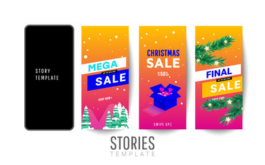 Winter mega sale banner or poster template design with gift boxes, christmas trees
