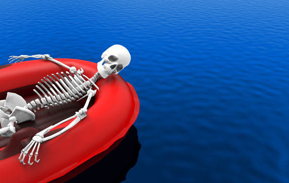 3d rendering. A human skeleton bone lying on red life rescue boat alone on blue water surface background. with clipping path.