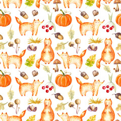 cute watercolor foxes and forest plants mushrooms, pumpkin, nuts, acorns, leaves on a white seamless background for design use, children's textiles, wrapping paper, wallpaper, fashion
