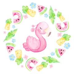 Hand painted watercolor. Cute cartoon illustration. Round wreath. Warm tropics. Flamingo, pineapple, watermelon, leaves, flowers. Isolated on white background