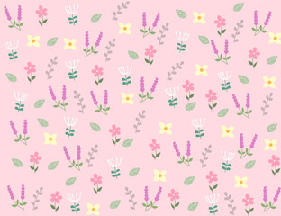 Many flowers and leaves on a pink background.Floral spring wallpaper.Romantic floral pattern used for decoration.