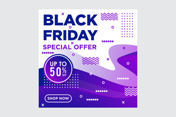 Black Friday modern promotion square web banner for social media mobile apps. Elegant sale and discount promo background with abstract pattern. Email ad newsletter layout. gradient blue purple