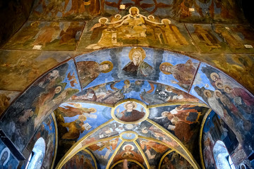 Fototapeta na wymiar Fragments of frescoes wall paintings on the walls of the Church of the Saviour at Berestove in Kyiv, Ukraine. 