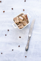Flavored Halva pieces top view or overhead view composition