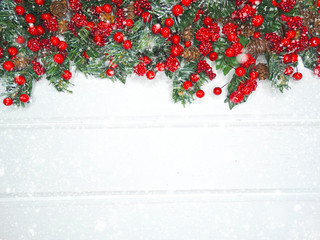 winter background with fir branches cones and snow