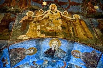 Fragments of frescoes wall paintings on the walls of the Church of the Saviour at Berestove in Kyiv, Ukraine. 
