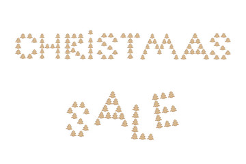 The inscription Christmas sale on a white background. Wooden Christmas letters. The letters made from small wooden pine trees
