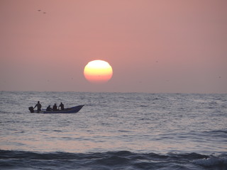 Fototapeta premium Trabajadores, pescando bonito en las costas del sur del perú