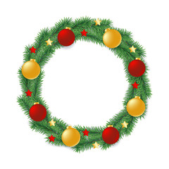 Fototapeta na wymiar Christmas wreath made from branches of evergreen tree in form of circle decorated with balls and stars.
