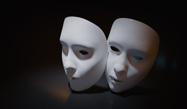 White theater masks on black background. 3D rendered illustratio