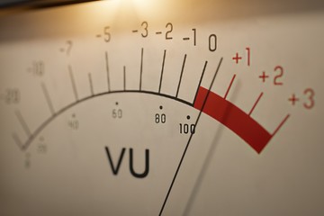 Analog VU meter measuring volume level of sound. 3D rendered ill