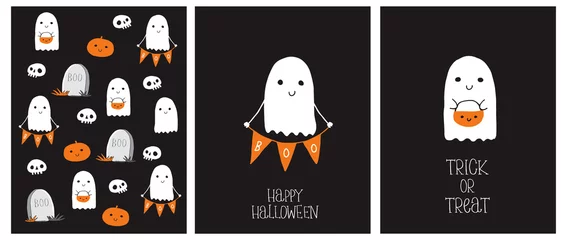 Tuinposter Cute Hand Drawn Halloween Cards and Pattern. Little White Ghost on a Black Background. Happy Halloween. Trick or Treat. Sweet Little Pumpkins and White Funny Skulls. Gravestone with Boo inscription. © Magdalena