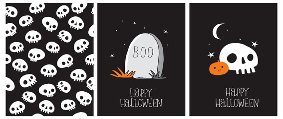 Cute Hand Drawn Halloween Cards and Pattern. Little White Skull, Moon, Stars and Sweet Little Pumpkin on a Black Background. Happy Halloween. White Funny Skulls Print. Gravestone with Boo Inscription.