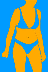 Yellow vector illustration of woman in swimsuit in blue background. Swimsuits are formed blank background.